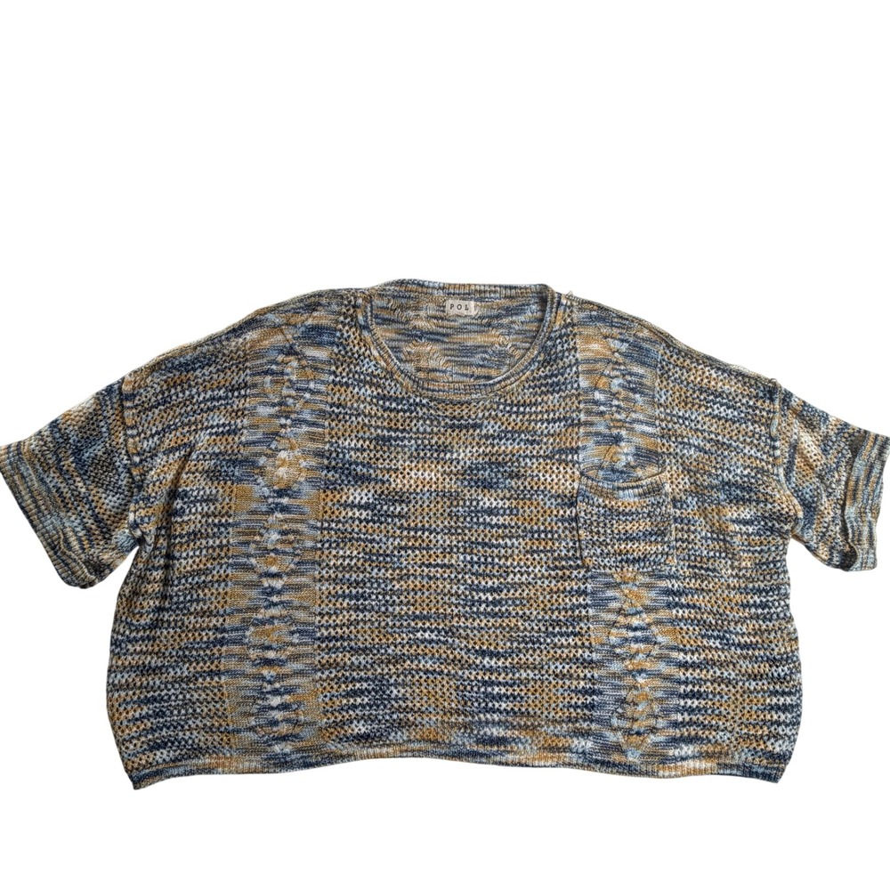 POL Blue Mustard Open Knit Cropped Sweater Short Sleeve Boxy Oversized Boho